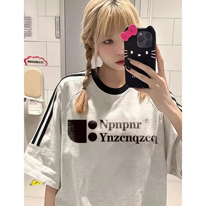 【纯棉】百搭宽松男女同款1043港风三条杠短袖t恤韩版休闲上衣圆领