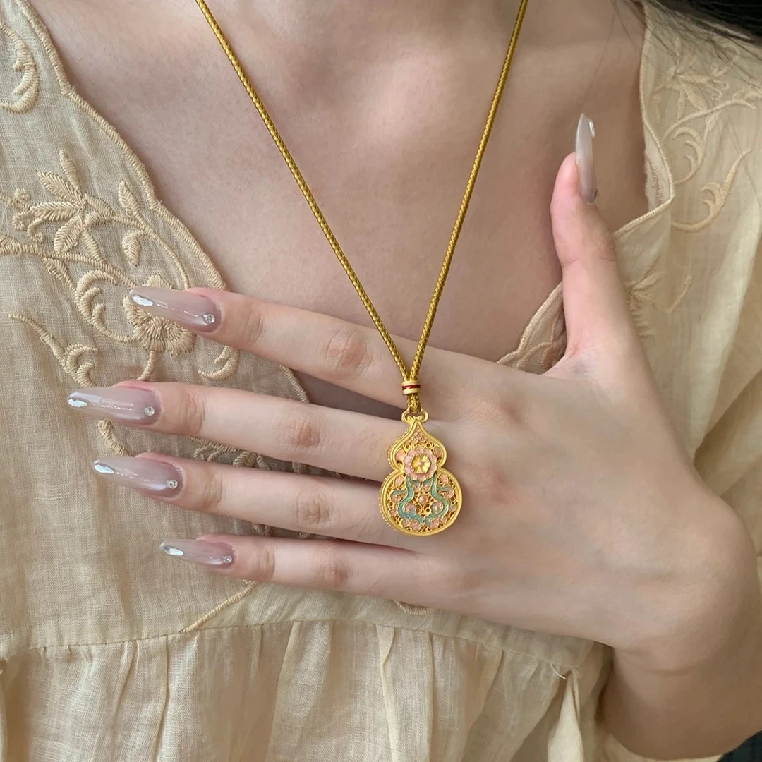 铜合金珐琅吊坠 「海棠葫芦」国风新中式编绳珐琅毛衣链长款项链女