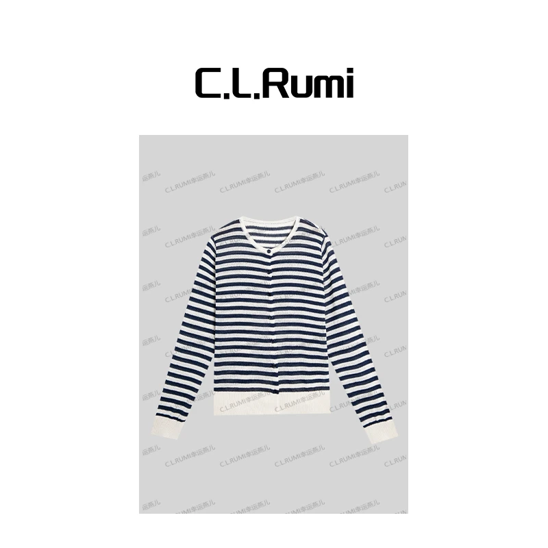 【Rumi精品】“清爽海洋配色”25夏和纸条纹宽松圆领开衫上衣6927ks