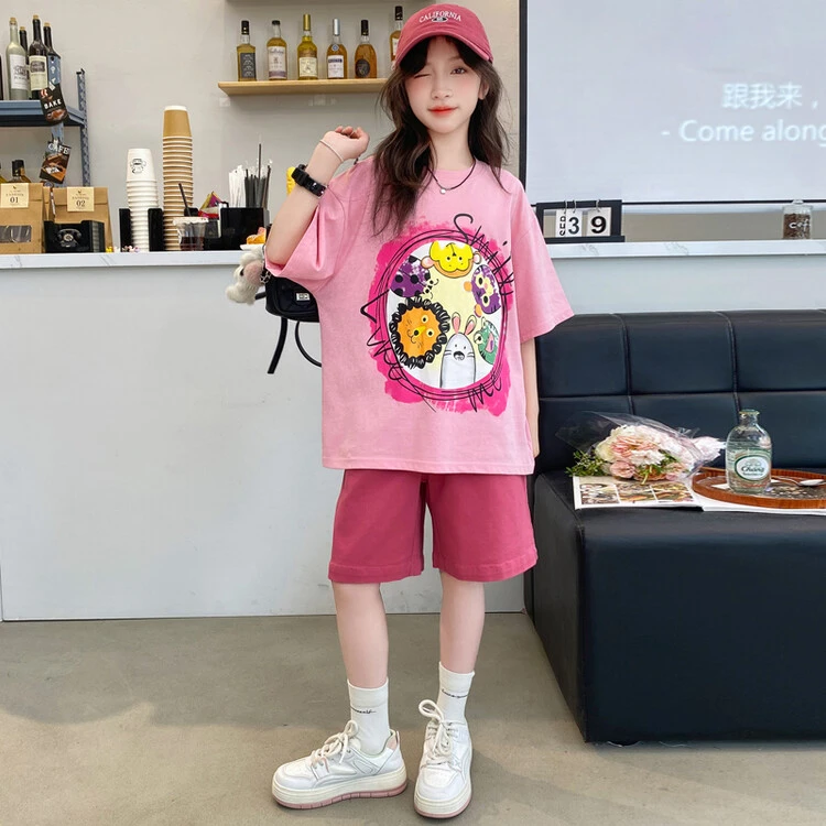 女童夏季运动套装2025新款中大童休闲时髦洋气短袖T恤短裤两件套