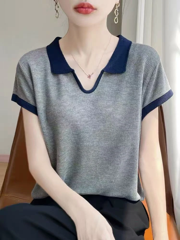 POLO领字母印花凉感短袖女冰丝竹节麻翻领宽松半袖夏薄剪刀领T恤