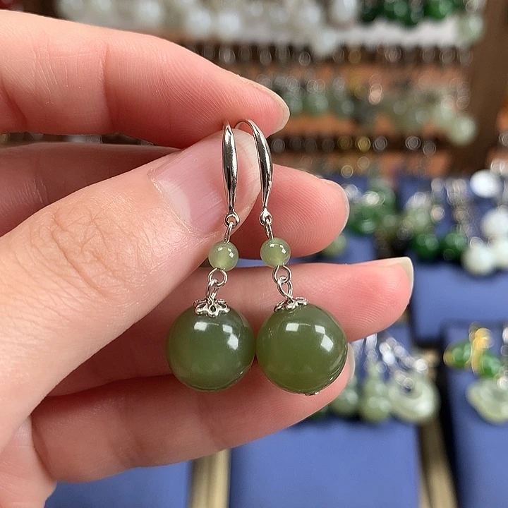 银S925镶嵌和田玉耳饰12左右晴水绿
