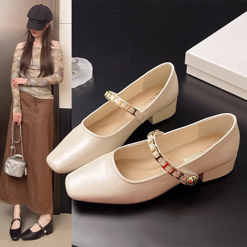 法式仙女风方头粗跟浅口单鞋女2025新款春秋百搭中跟玛丽珍小皮鞋