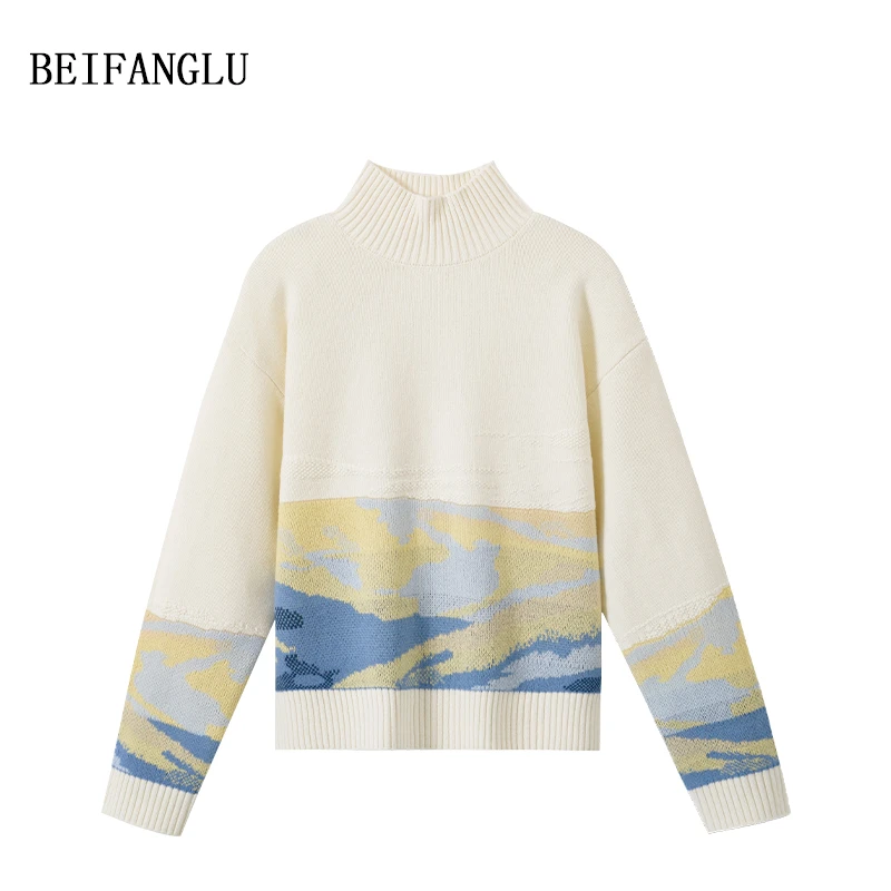 北方鹿【山川湖海提花羊毛衫】100%绵羊毛高领套头针织羊毛衫251521