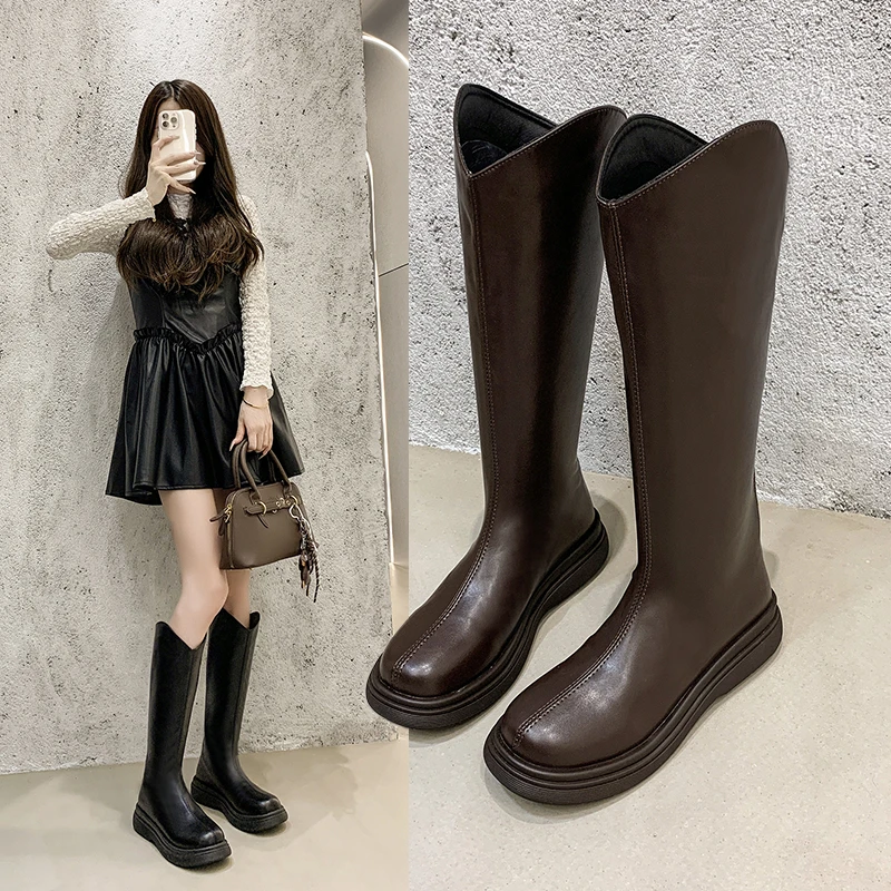 显瘦长筒靴女2025秋冬新款厚底V口不过膝长筒靴西部高筒骑士靴潮