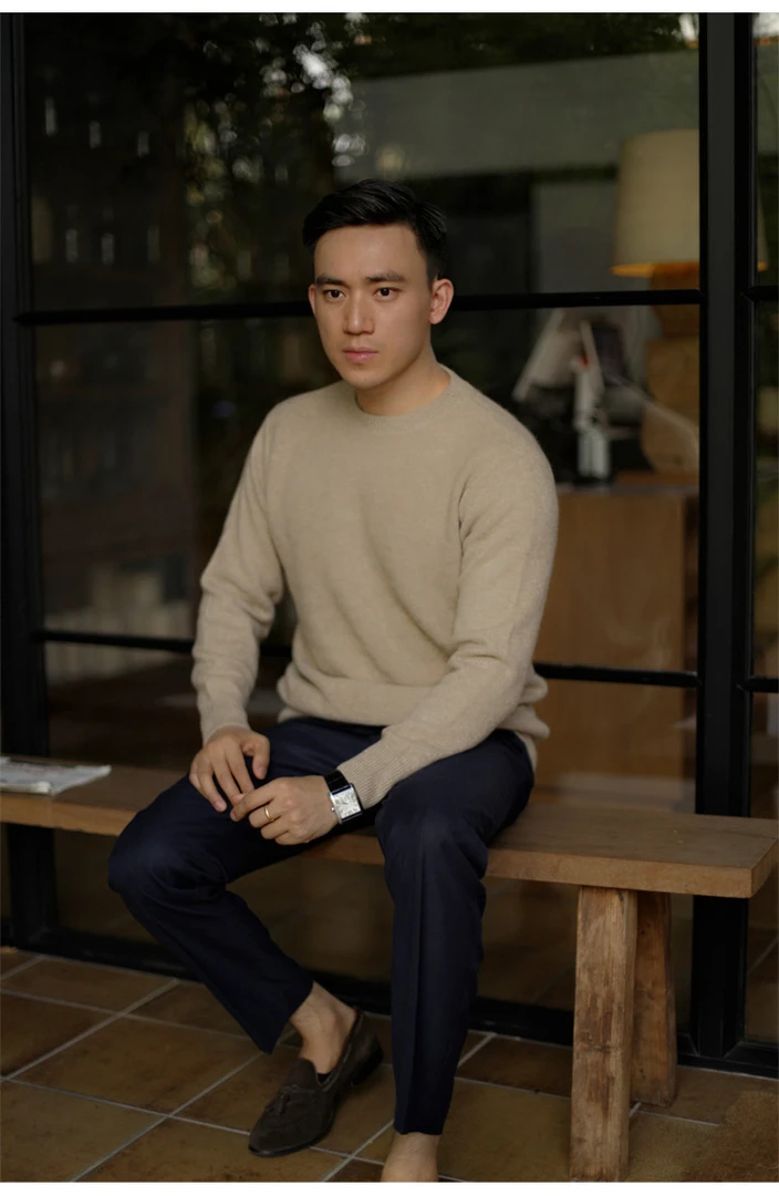 均500克加厚圆领100%山羊绒衫男纯色圆领宽松套头保暖毛衣长袖