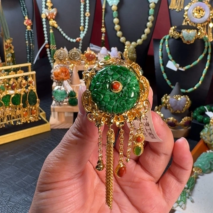 翡翠银S925镀金镶嵌颈饰戒指