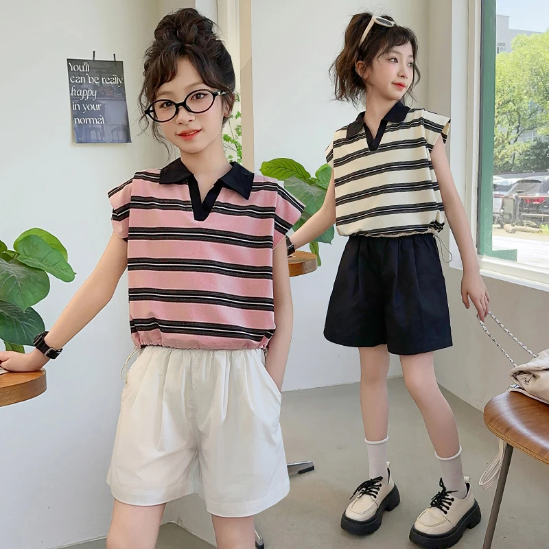 女童套装儿童时尚条纹上衣棉布短裤两件套夏季运动休闲百搭翻领