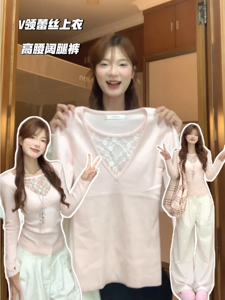 秋季新款纯欲风性感辣妹上衣漂亮出片衣服女装蕾丝拼接修身打底衫