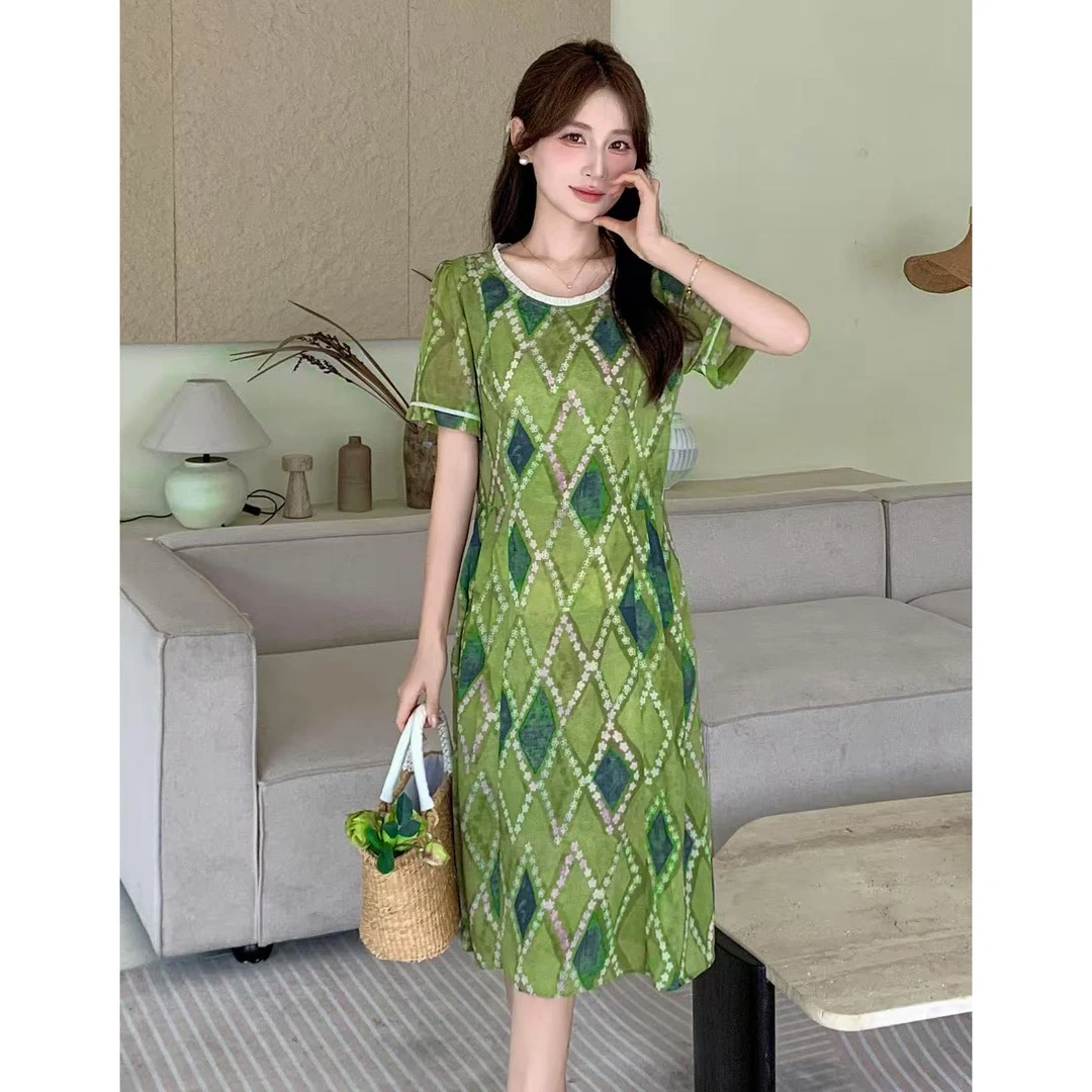 无印心匠K1907夏季连衣裙法式夏季女裙圆领气质印花收腰  B858