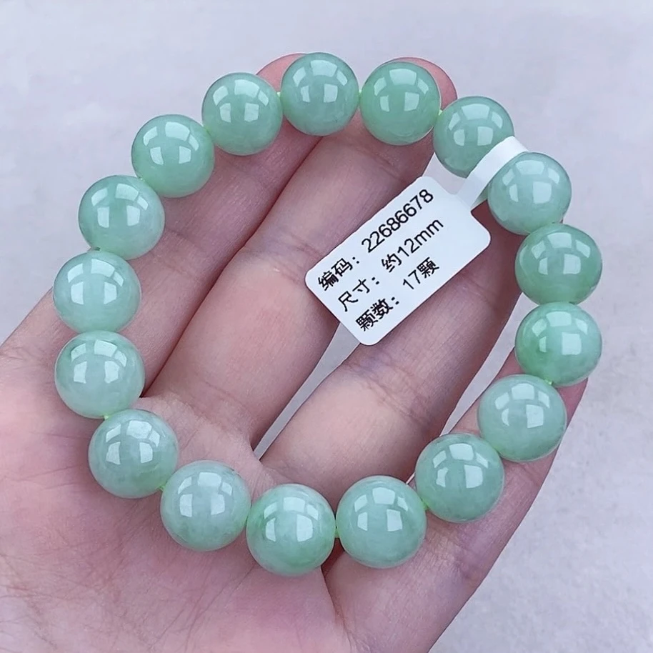 缅甸白绿翡翠手串 卡12 天然A货 冰果阳绿圆珠手串 男女款 时尚