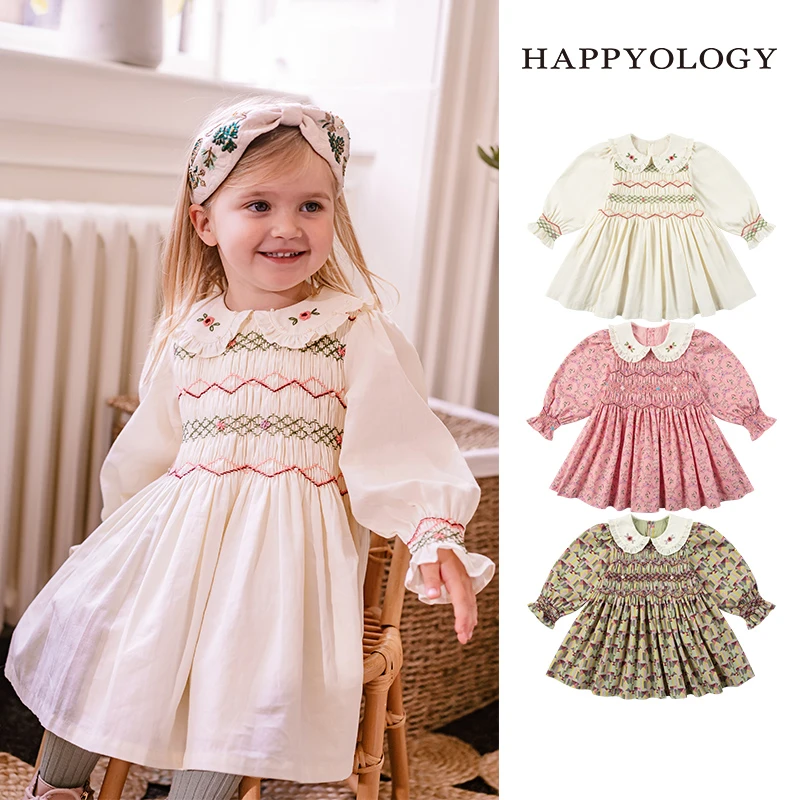Happyology英国儿童秋冬装新款裙子女童手工司马克珍珠长袖连衣裙