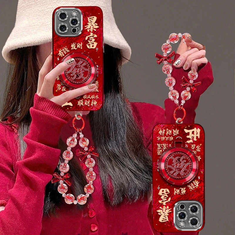 黄暴富發支架适用苹果16oppo华为vivo小米iPhone精孔冰川纹手机壳