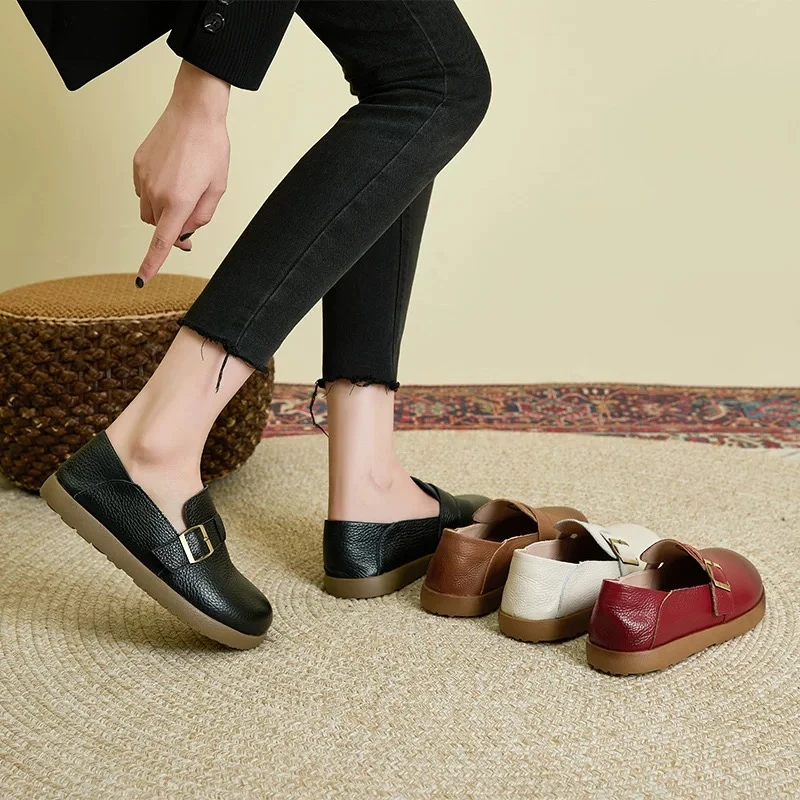 头层牛皮2025春季单鞋复古豆豆真牛皮休闲平底妈妈鞋牛筋底乐福鞋