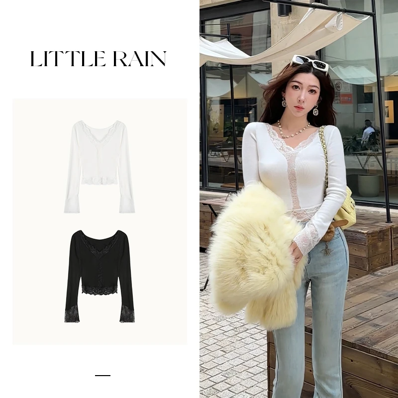 11/17圣诞新款【撩手内搭】纯欲性感蕾丝拼接修身长袖上衣女