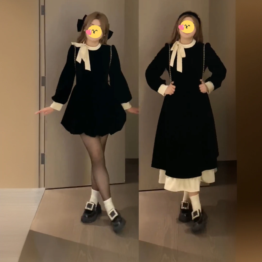 大码长袖假两件丝绒法式连衣裙早秋新款胖mm高腰显瘦高级感裙子女