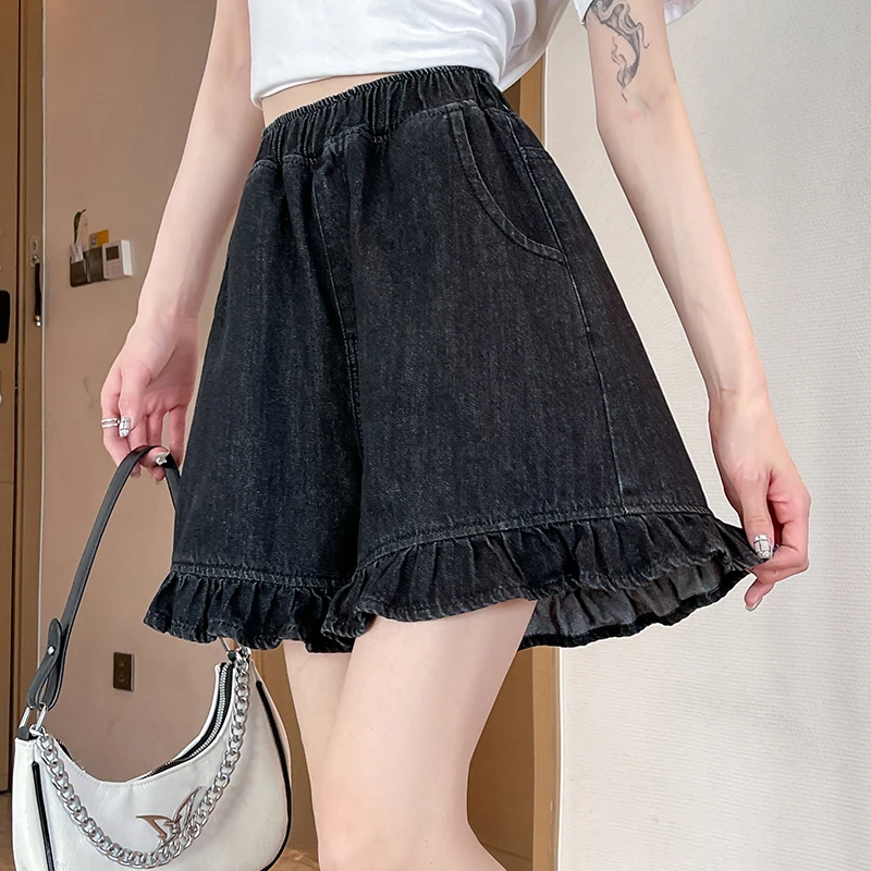 夏季薄款胖mm大码A字阔腿牛仔短裤女高腰黑色热裤外穿荷叶边学生