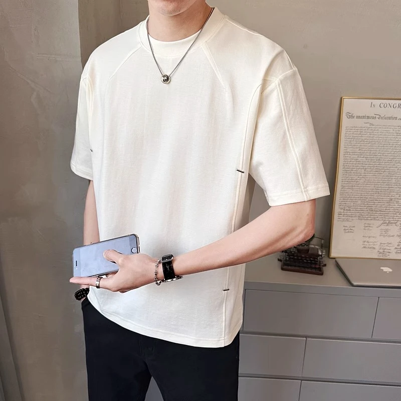 韩版时尚潮流拼接设计感休闲圆领短袖夏季新款简约百搭纯色T恤衫