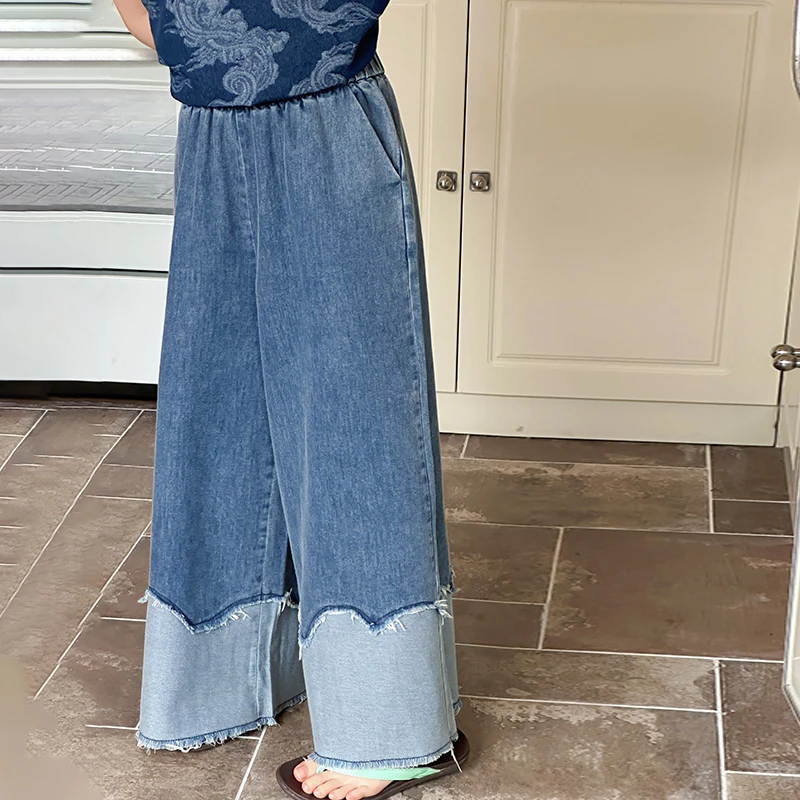 女童夏装2025新款时髦洋气毛须拼接牛仔裤初中生女大童夏季阔腿裤