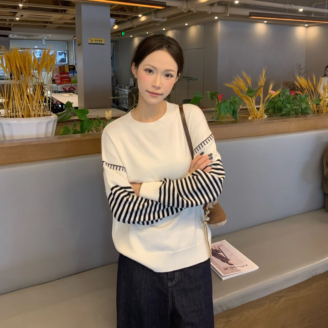【商场品质】韩系外缝设计 拼接落肩袖时尚针织毛衣 ZYJ 3161