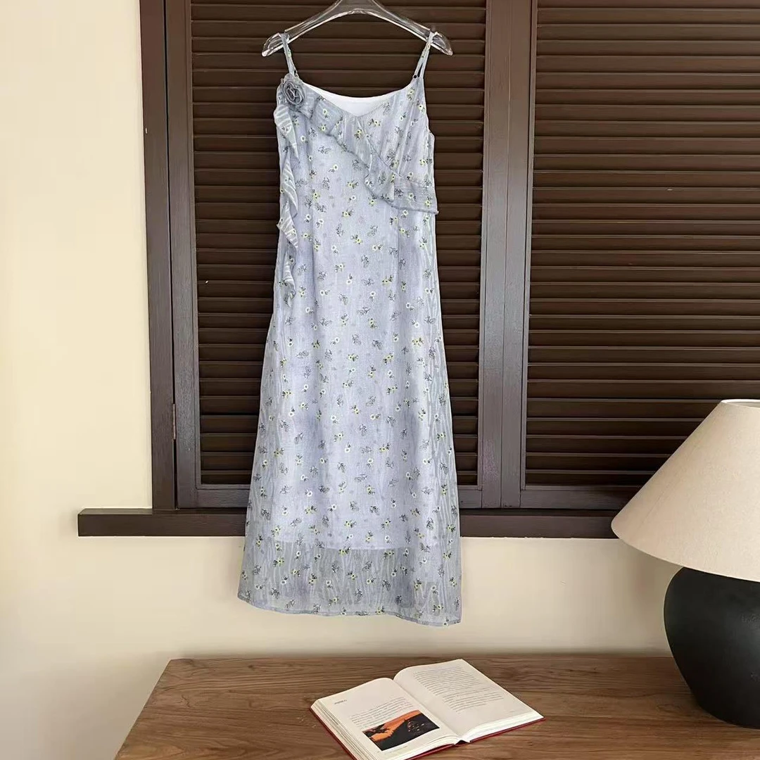 【赵小小yimao】27011 夏季韩版高腰优雅吊带荡领纯色纯欲连衣裙女