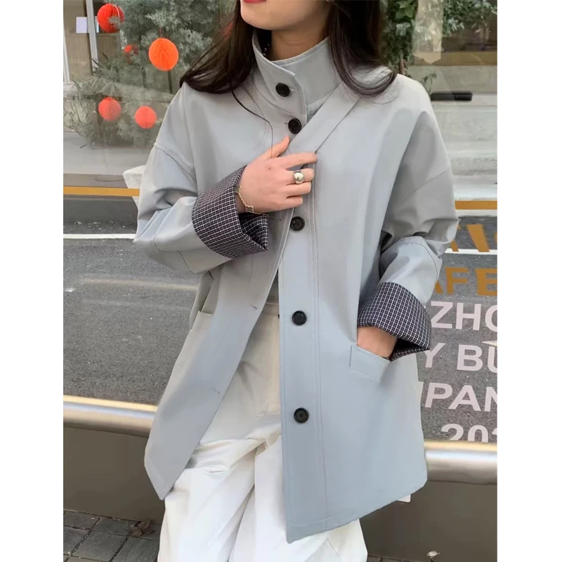 【25009】格子翻袖立领单排扣短款风衣外套女