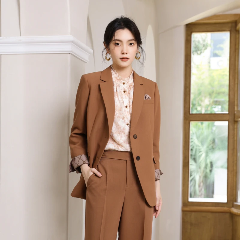 婉甸2025春季新品茶棕色西装外套简约风1241Q04DY2