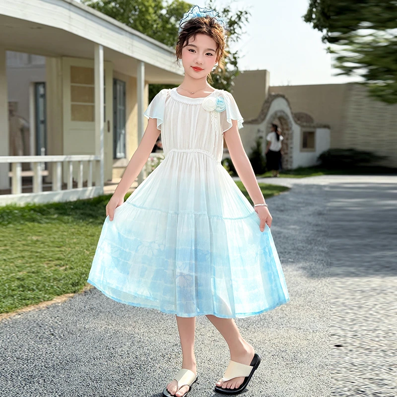 女童连衣裙夏季薄款2025新款儿童裙子女孩渐变色飞袖绝美公主裙