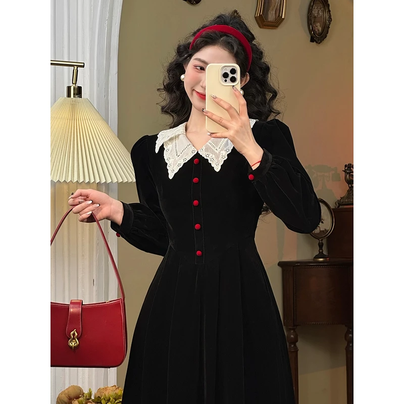 肖夫人【安娜】复古法式连衣裙气质优雅显瘦高级感黑色秋季  SS112