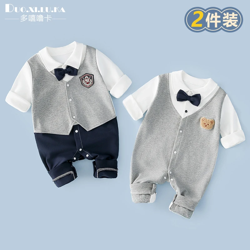 2件装 新生婴儿春款长袖连体衣哈衣外出春秋男宝宝纯棉满月爬服潮