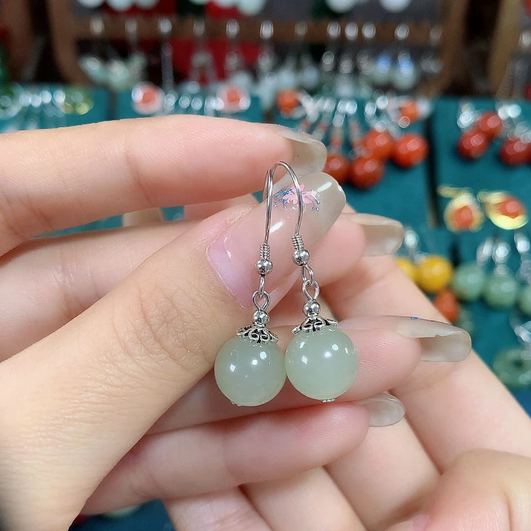 和田玉耳饰银S925镶嵌天然和田玉晴水10mm左右