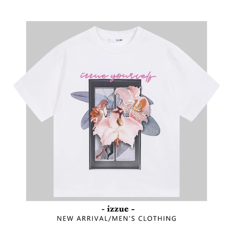 izzue宽松大码型常规街头风复古百合油画T恤动漫宽松百搭t恤