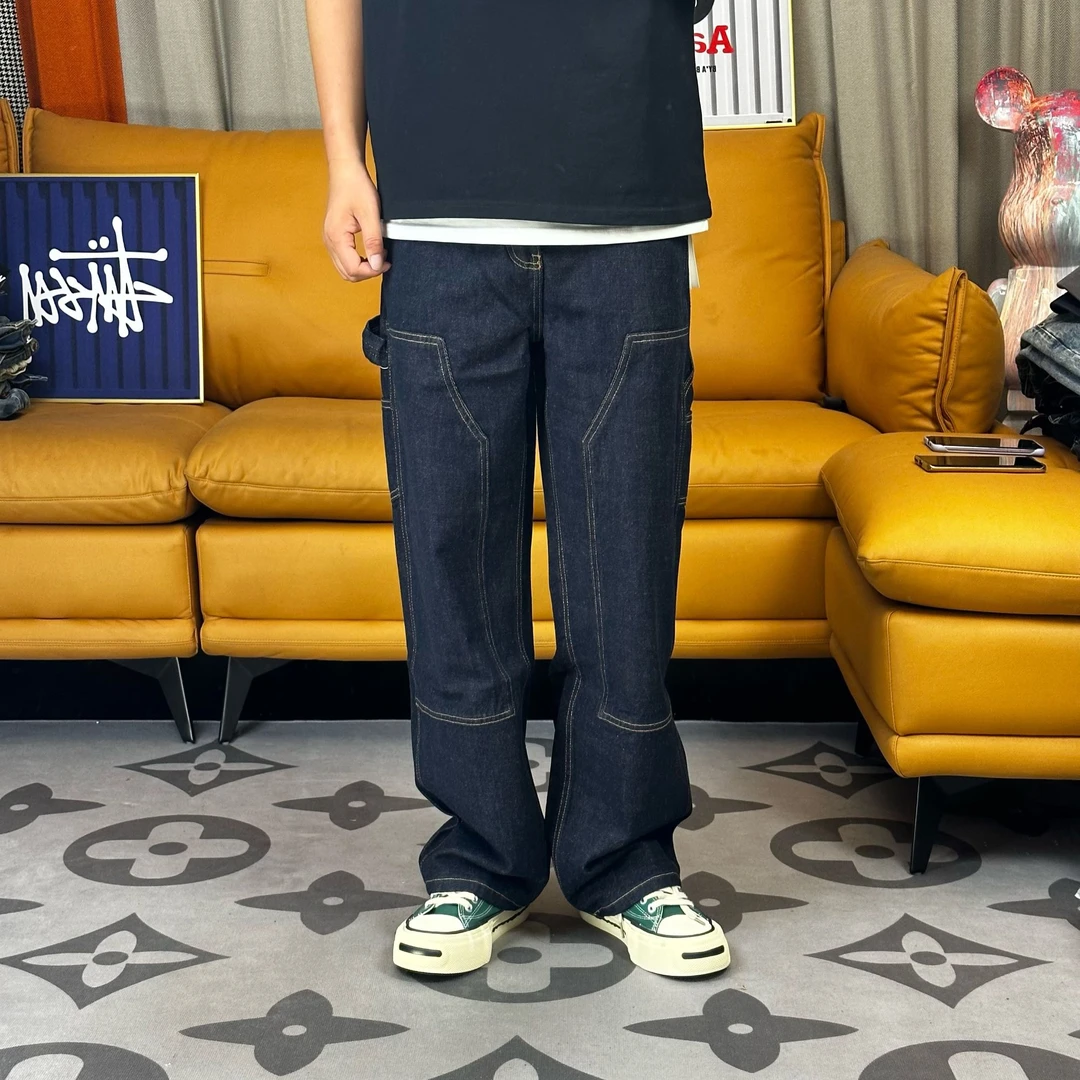 秋冬现款美式重磅休闲水洗纯棉阔腿男宽松直筒深蓝色牛仔裤伐木裤