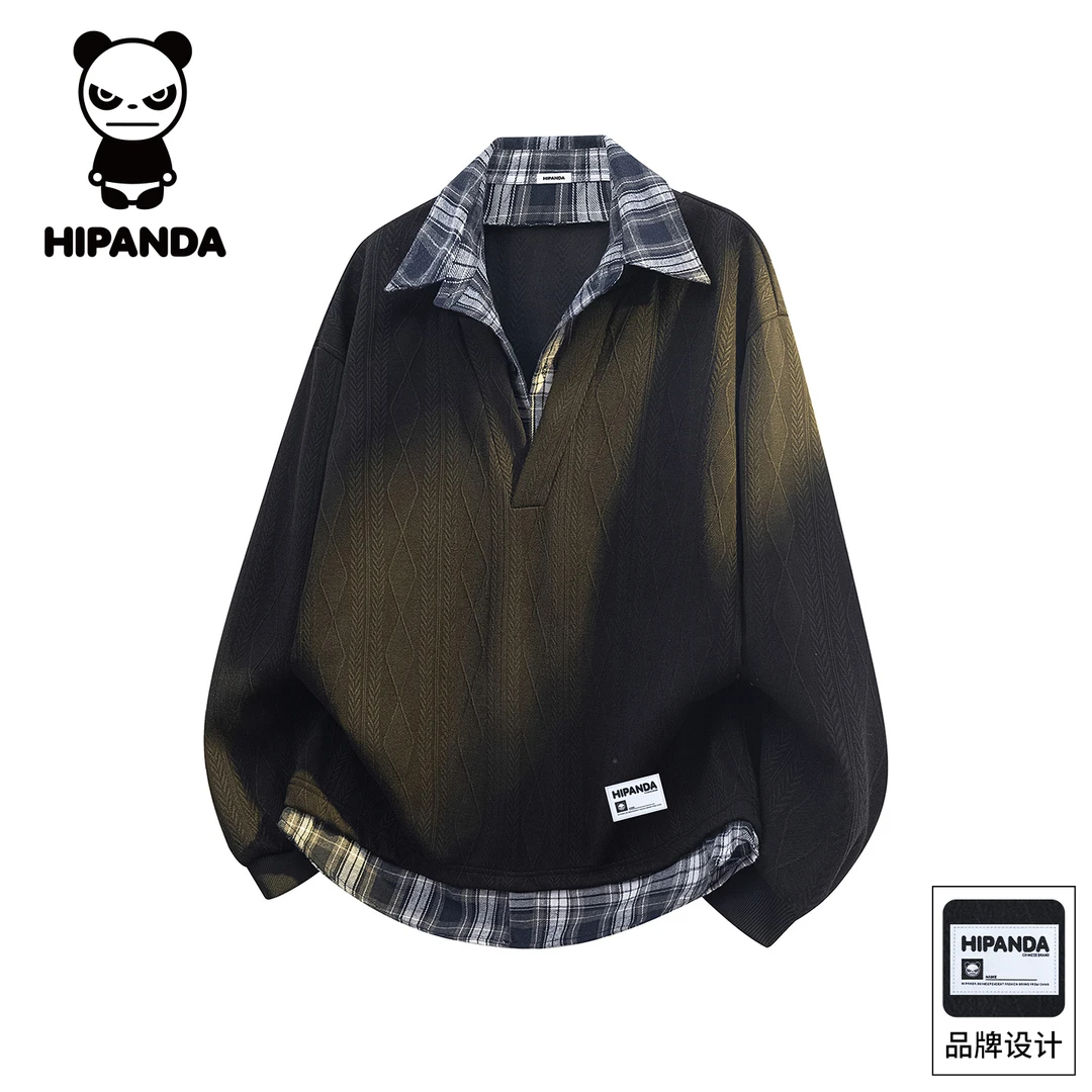 Hi Panda你好熊猫秋季新款美式假两件翻领卫衣男士宽松休闲上衣服