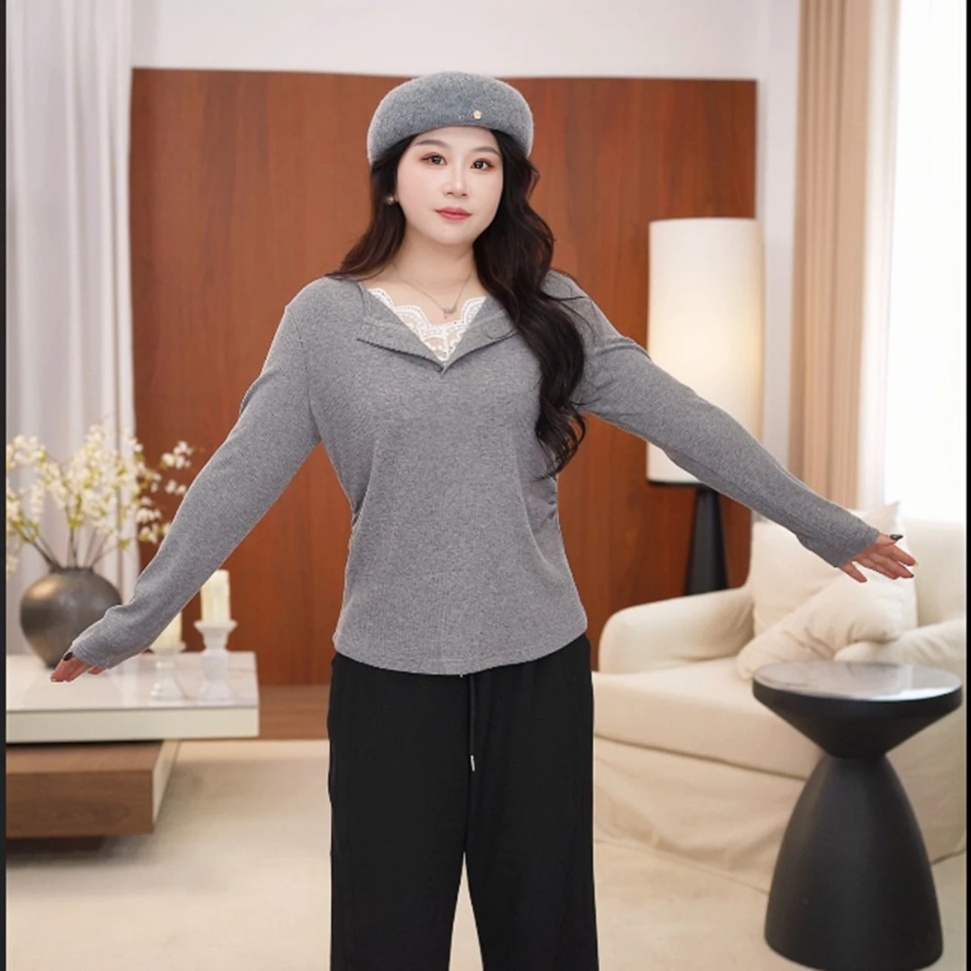设计感拼接蕾丝领套头打底衫女2025秋季新款修身显瘦针织衫333202
