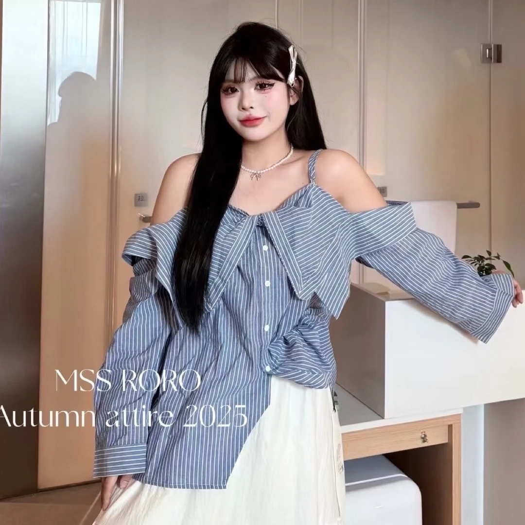 衬衣大码新款法式小众一字肩上衣条纹显瘦收腰气质露肩长袖衬衫