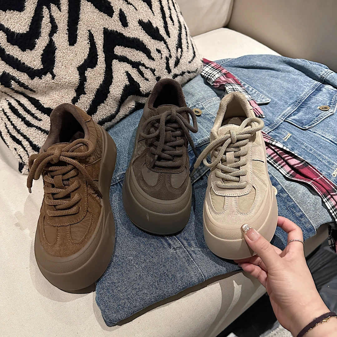 TS休闲鞋2024冬季新款纯色百搭潮流圆头系带加绒休闲鞋