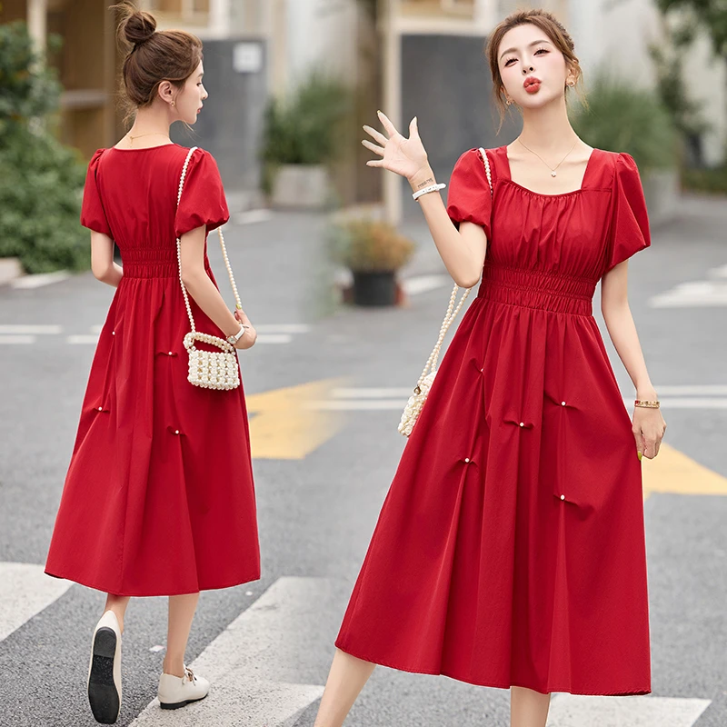 气质法式大红色2025夏赫本连衣裙裙子女御姐赫本风大码显瘦时尚