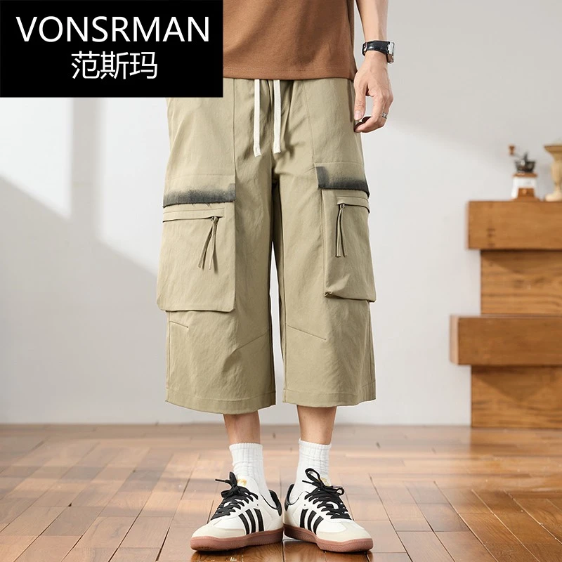 美式工装七分裤男2025新款夏季宽松直筒口袋阔腿潮牌高街休闲裤子