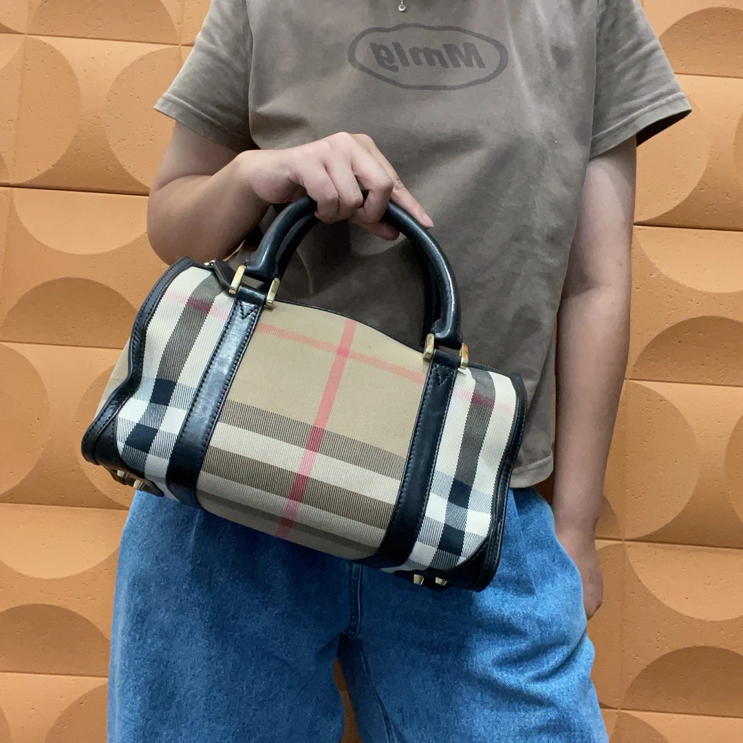 95新 BURBERRY/博柏利 【胖】 44 0929 帆布格纹波士顿手提包