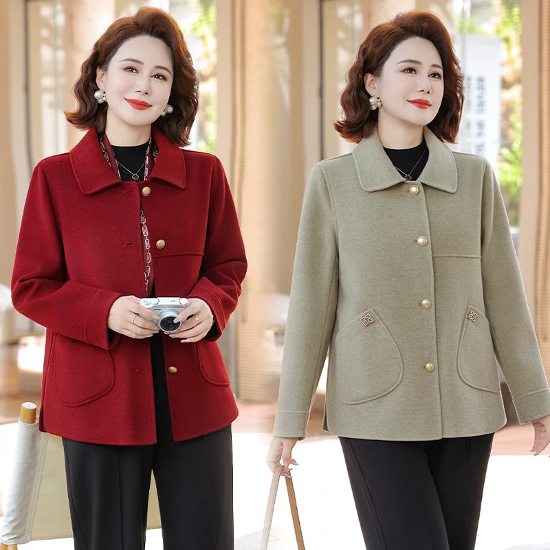 妈妈秋装毛呢外套2025新款中老年女春秋双面呢上衣服短款呢子大衣