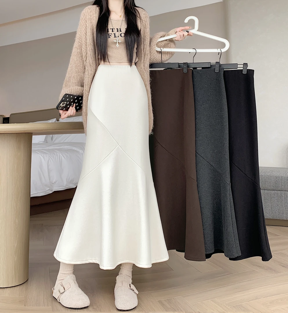 不规则拼接毛呢鱼尾裙穿搭长裙半身裙子2025秋冬高腰显瘦包臀裙女