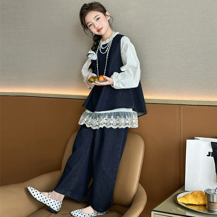 女童套装春秋2025新款衬衫儿童洋气时髦牛仔马甲阔腿裤韩版