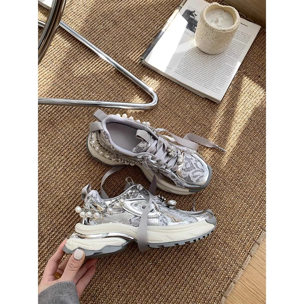 春季时尚重工老爹鞋女银色链子透气蕾丝网面运动鞋潮