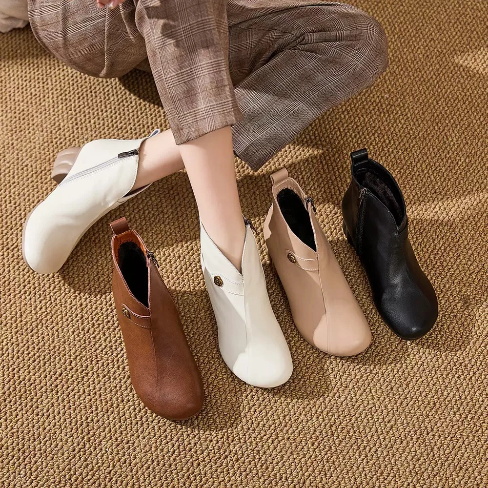 秋冬真皮复古女鞋粗跟侧拉链防滑保暖棉靴