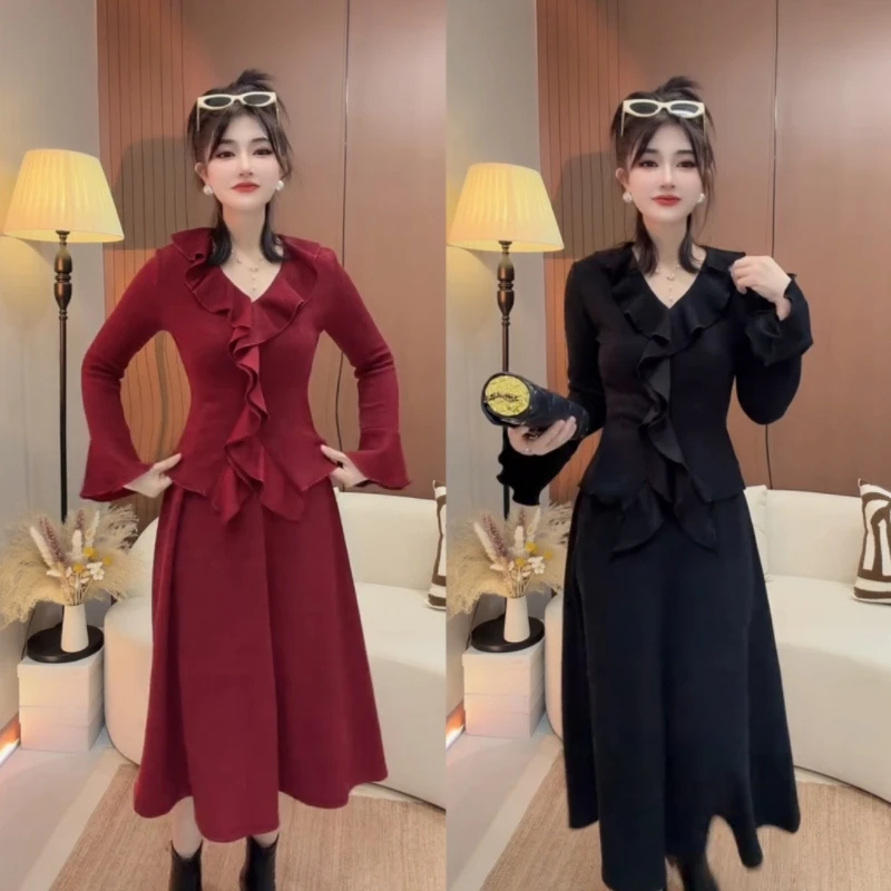 秋冬复古国风收腰显瘦荷叶边上衣半身裙套装女时尚气质