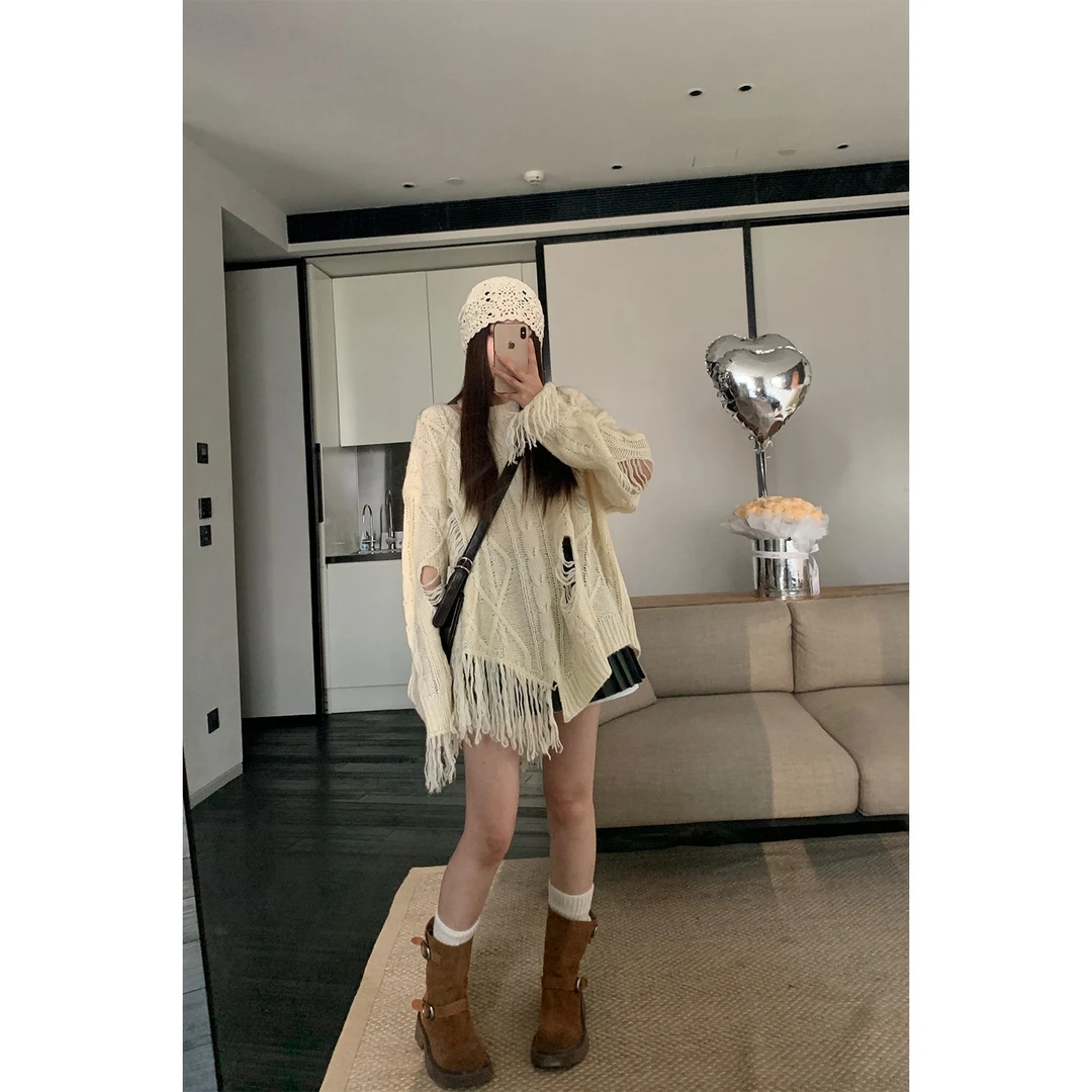 米花家【榛巧绒脆】慵懒设计感破洞流苏针织衫女2025春季薄款毛衣