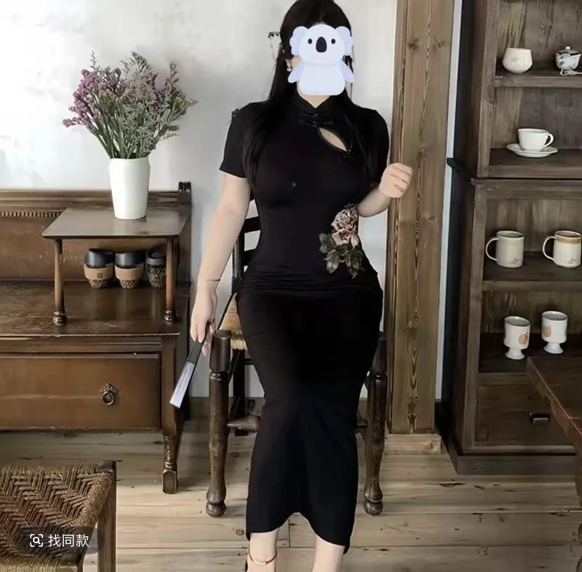 长裙刺绣牡丹旗袍黑色性感立领复古风褶皱新中式小众