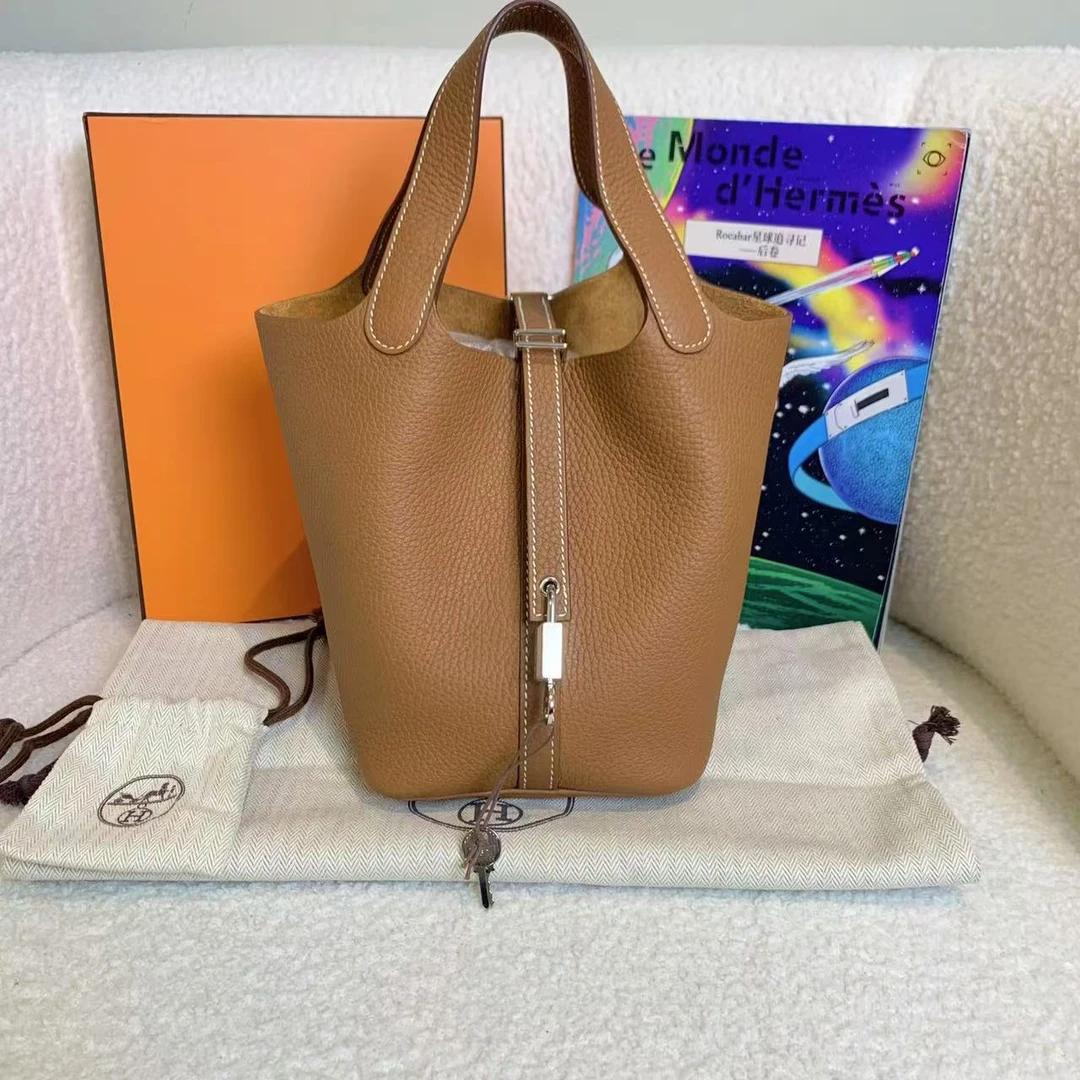 99新 Hermes/爱马仕 壹臻/金棕银扣菜篮子18Z刻tc手提包/54941114