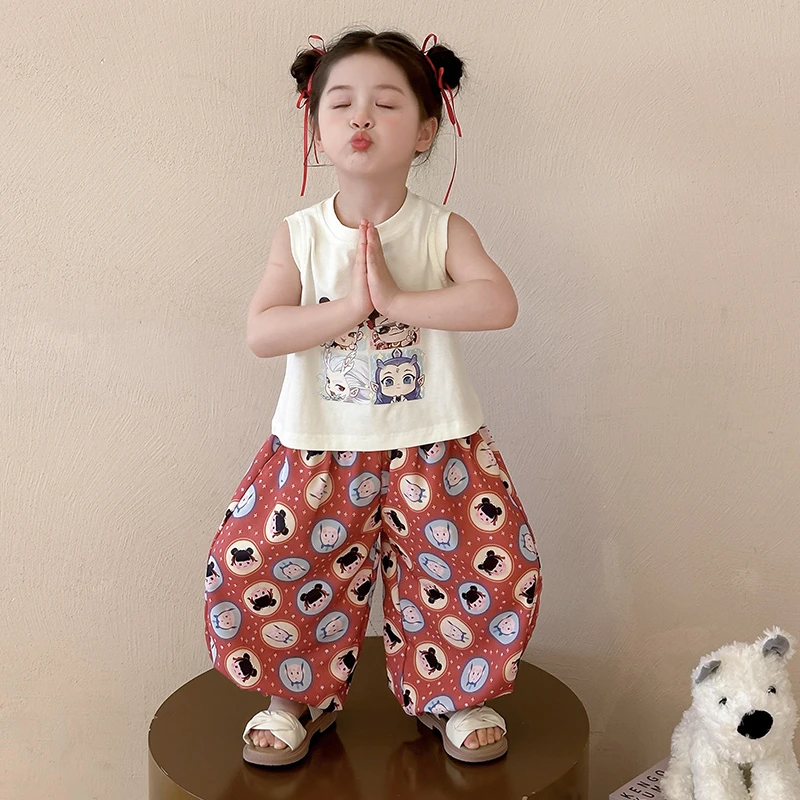女童无袖套装夏季2025新款哪吒敖丙背心防蚊裤两件套宝宝夏装童装